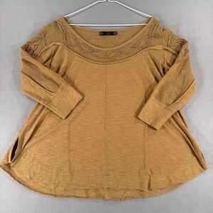 Tru Luxe Mustard Yellow Mesh Beaded Slub Knit 3/4 Sleeve Top Blouse